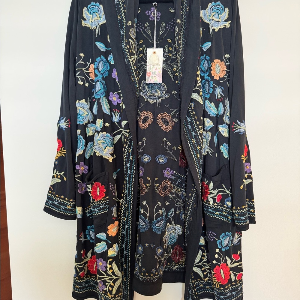Johnny Was Black Robe with Multicolor Floral Embroidery